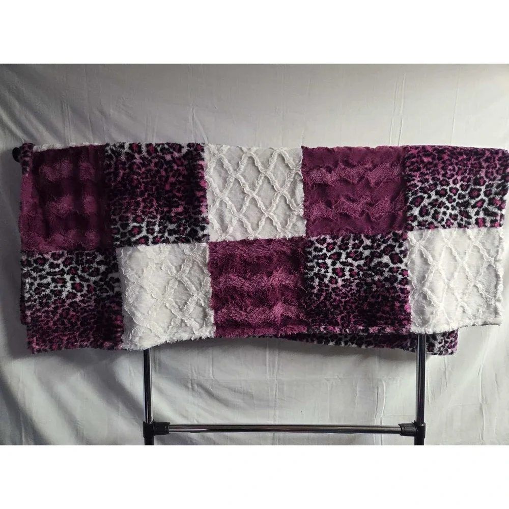 Minky Mama Patchwork Minky Blanket 46x57 Purple White Leopard Plush Throw Soft